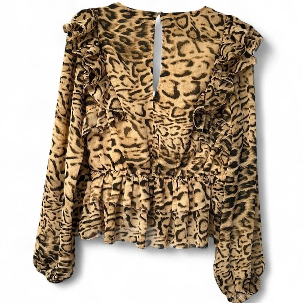 Express Leopard Print Ruffle V-Neck Peplum Blouse - Brown - Picture 6 of 7